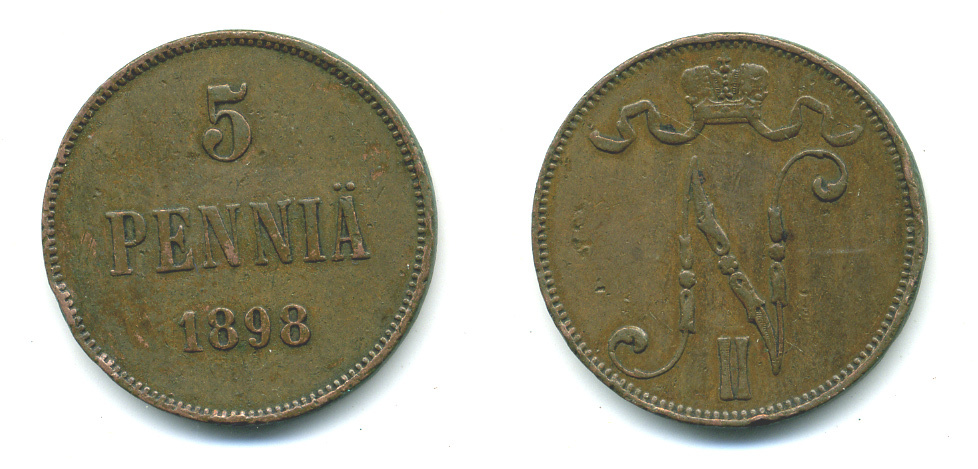 Россия для Финляндии 5 пенни 1898 Николай II (1894-1917) KM 15, Биткин 443 медь 4381-422