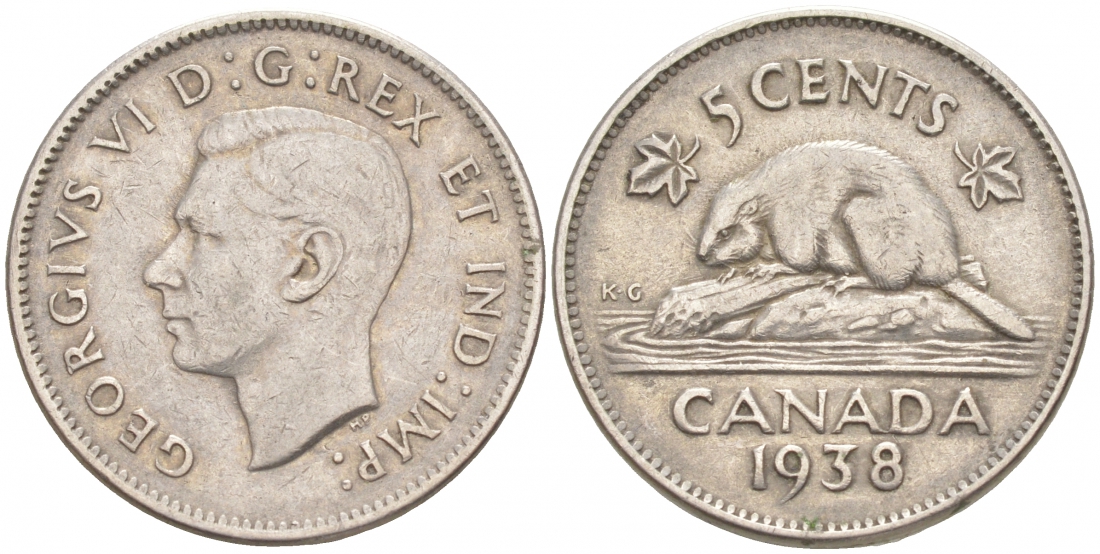 Канада 5 центов 1938 бобр, Георг VI (1937-1952) KM 33 никель 73-1122