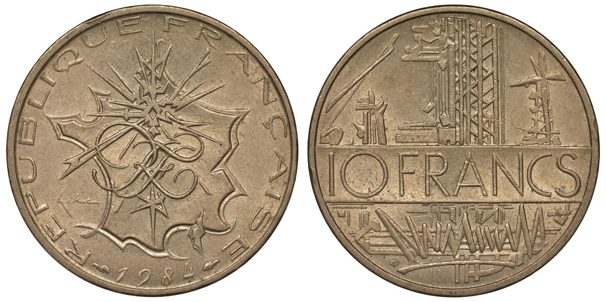 Франция 10 франков 1984 тип Матье KM 940, Le Franc 365.23-24 никель латунь 4123-625