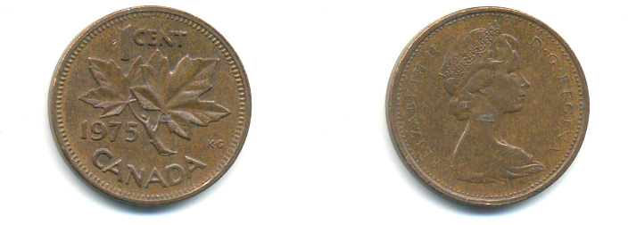 Канада 1 цент 1975 Елизавета II (1952-2022), кленовый лист KM 59.1 бронза 177-1345