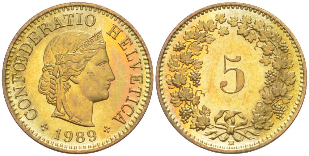ШВЕЙЦАРИЯ 5 РАППЕНОВ 1989 В KM 26с алюминий латунь 4181-143