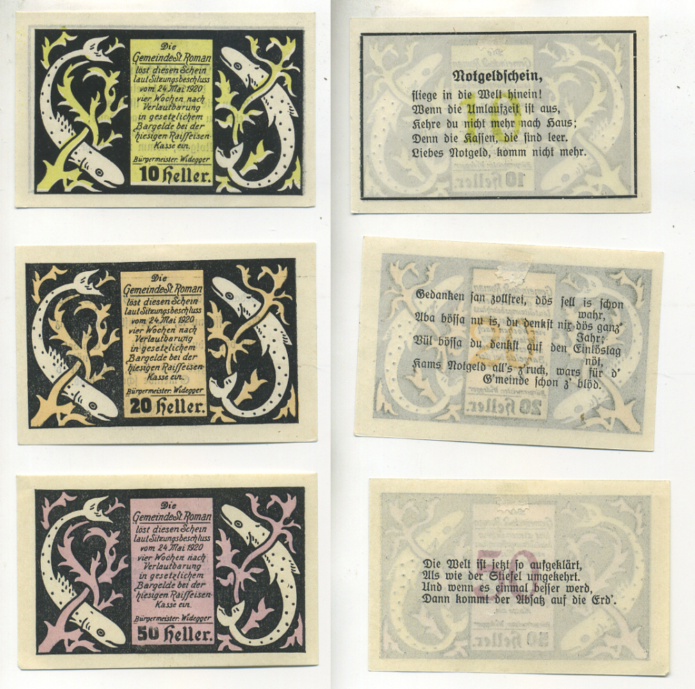 Австрия набор из 3 банкнот 1920 24 мая 1920, нотгельд, 10, 20, 50 геллеров, ST. ROMAN   бумага  aUNC  7555-1-3-2