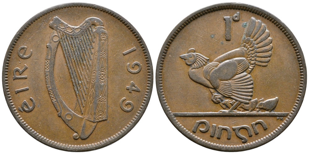 ИРЛАНДИЯ 1 ПЕННИ 1949 КУРИЦА С ЦЫПЛЯТАМИ KM 11 бронза 4110-326