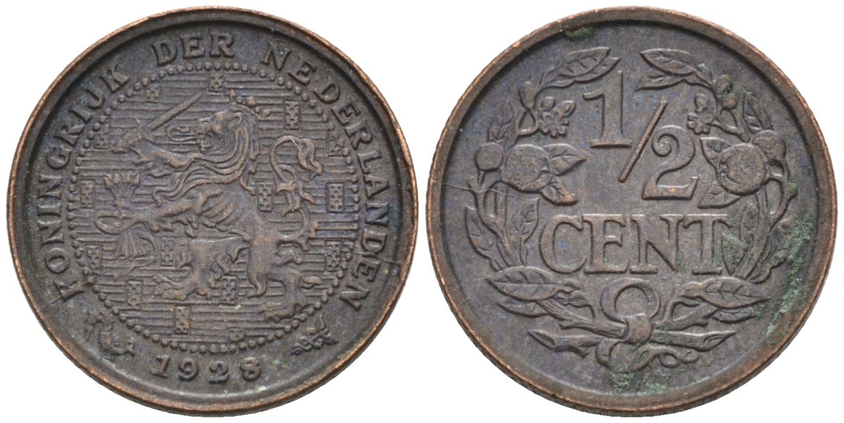 Нидерланды 1/2 цента 1928 Вильгельмина (1890-1948) KM 138 бронза 4576-519
