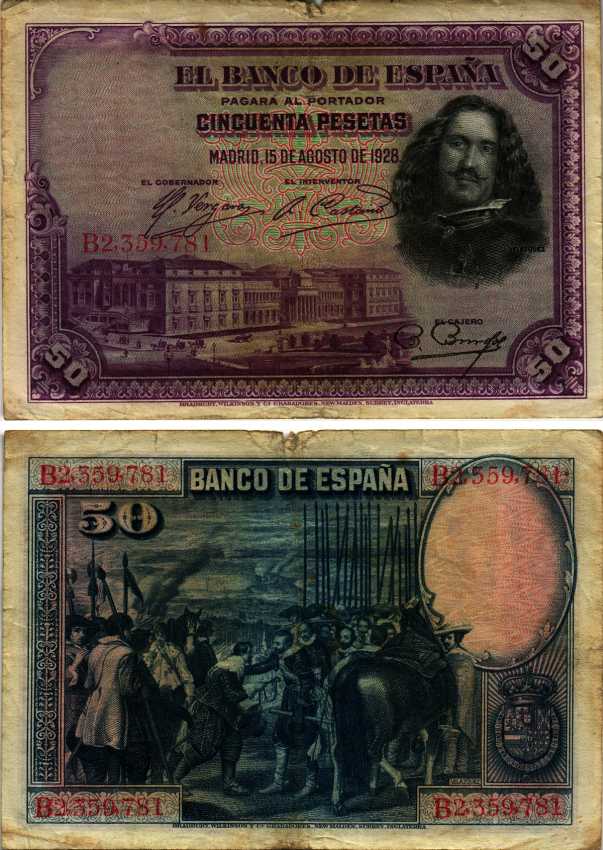 ИСПАНИЯ 50 ПЕСЕТ 1928 15 АВГУСТА 1928, МУЗЕЙ ПРАДО В МАДРИДЕ, ДИЕГО ВЕЛАСКЕС Pick 75b бумага 6312-61-1-1