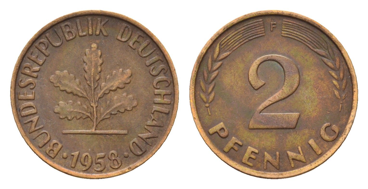 ФРГ 2 пфеннига 1958 F KM 106, J. 381 бронза 4189-944
