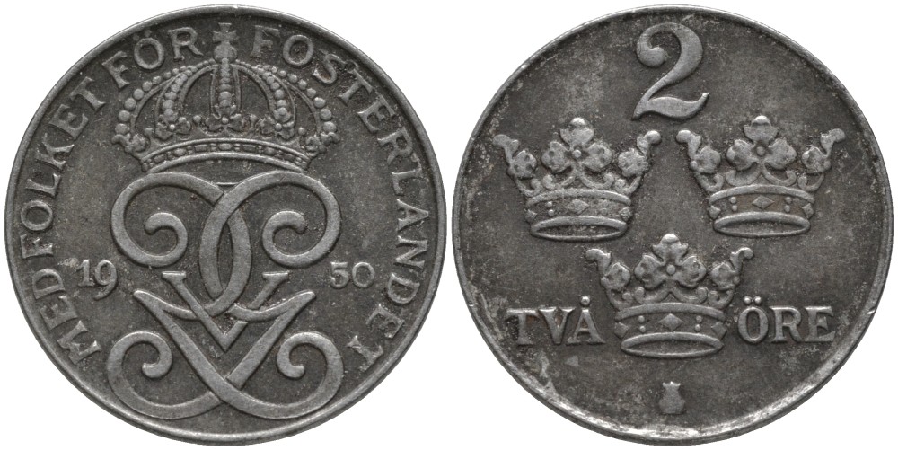 Швеция 2 эре 1950 Густав V (1907-1950) KM 811 железо 63-1051
