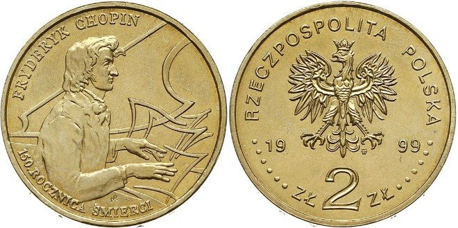 Польша 2 злотых 1999 MW, 150 лет со дня смерти Фредерика Шопена KM 365 нордик  UNC  4153-553