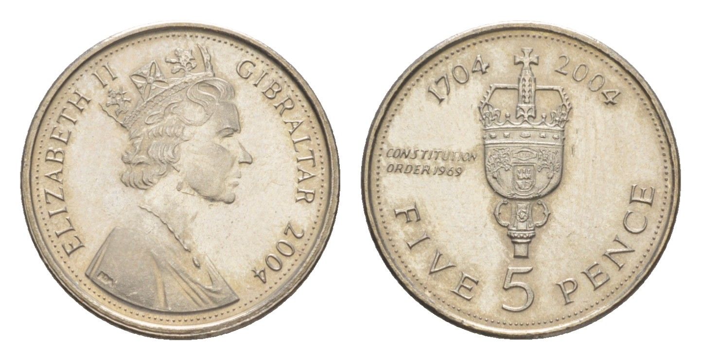 Гибралтар 5 пенсов 2004 300 лет захвату Гибралтара KM 1049 медно-никель UNC 4115-256