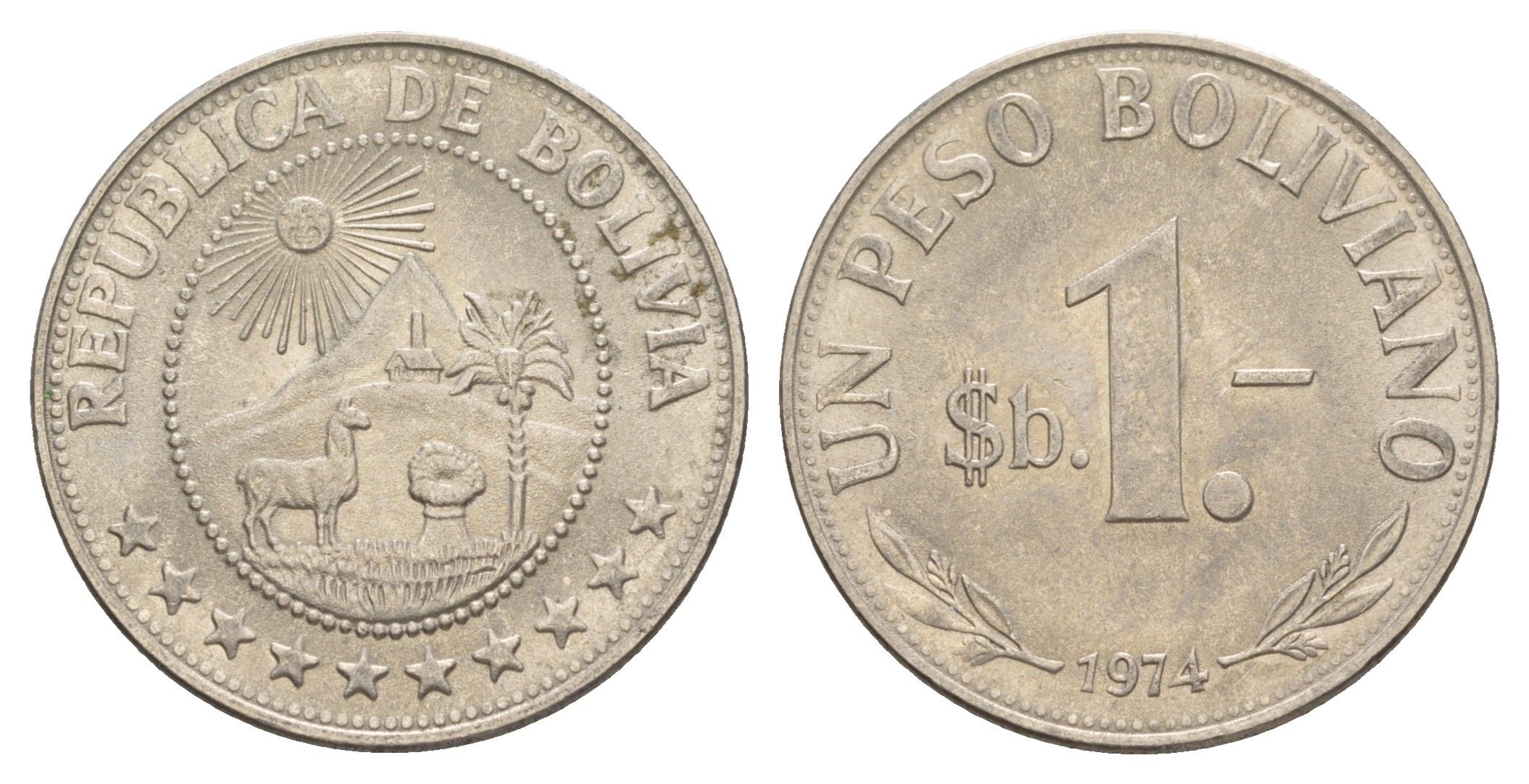 Боливия 1 песо 1974 KM 192 сталь плакированная никелем UNC 4628-633