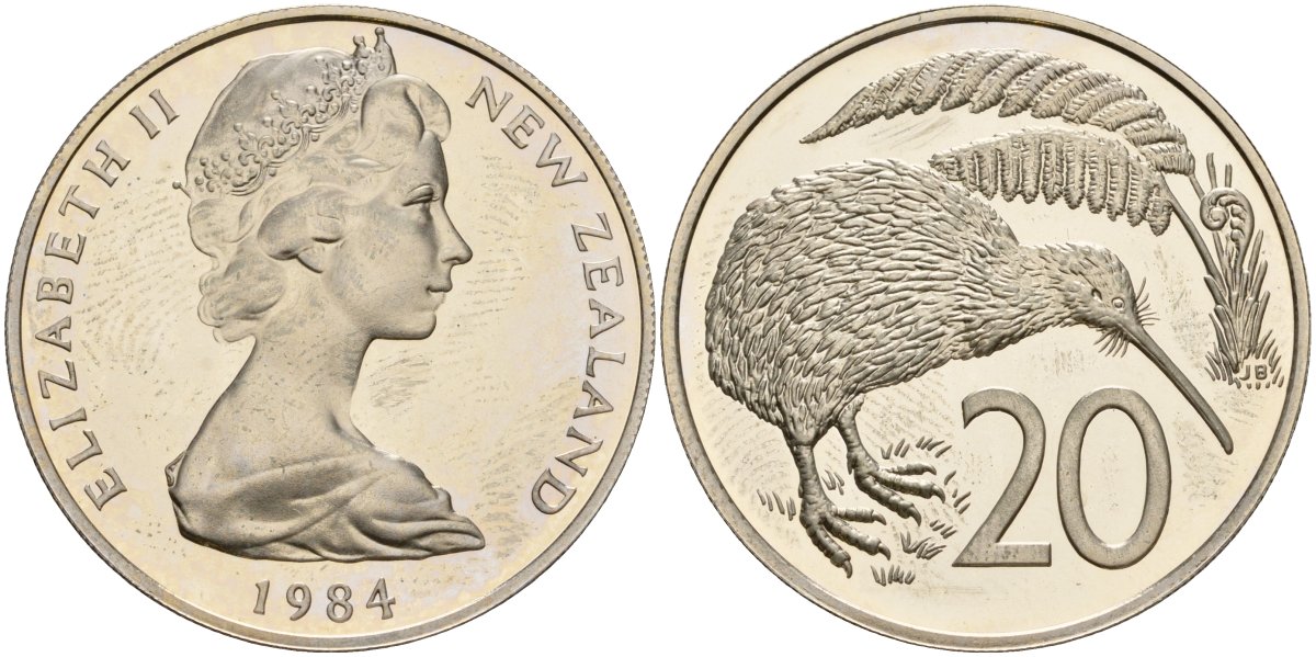 Новая Зеландия 20 центов 1984 Елизавета II (1952-2022), птичка киви KM 36.1 медно-никель PROOF 3711-1522