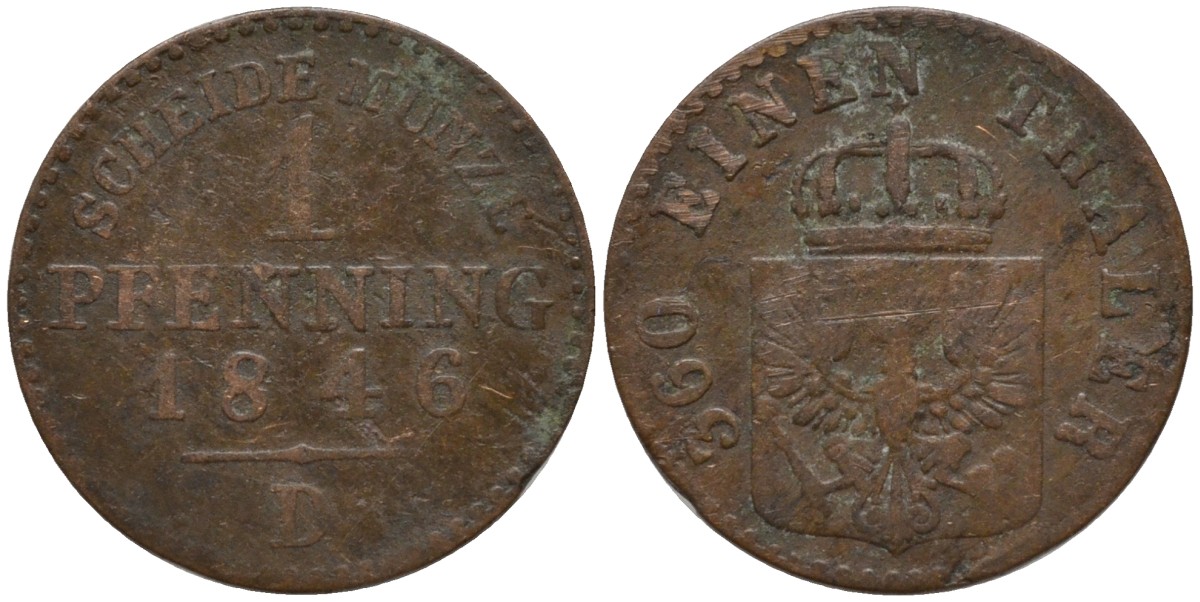 Пруссия 1 пфенниг 1846 D, Фридрих Вильгельм IV (1840-1861) KM 451 медь 4549-449
