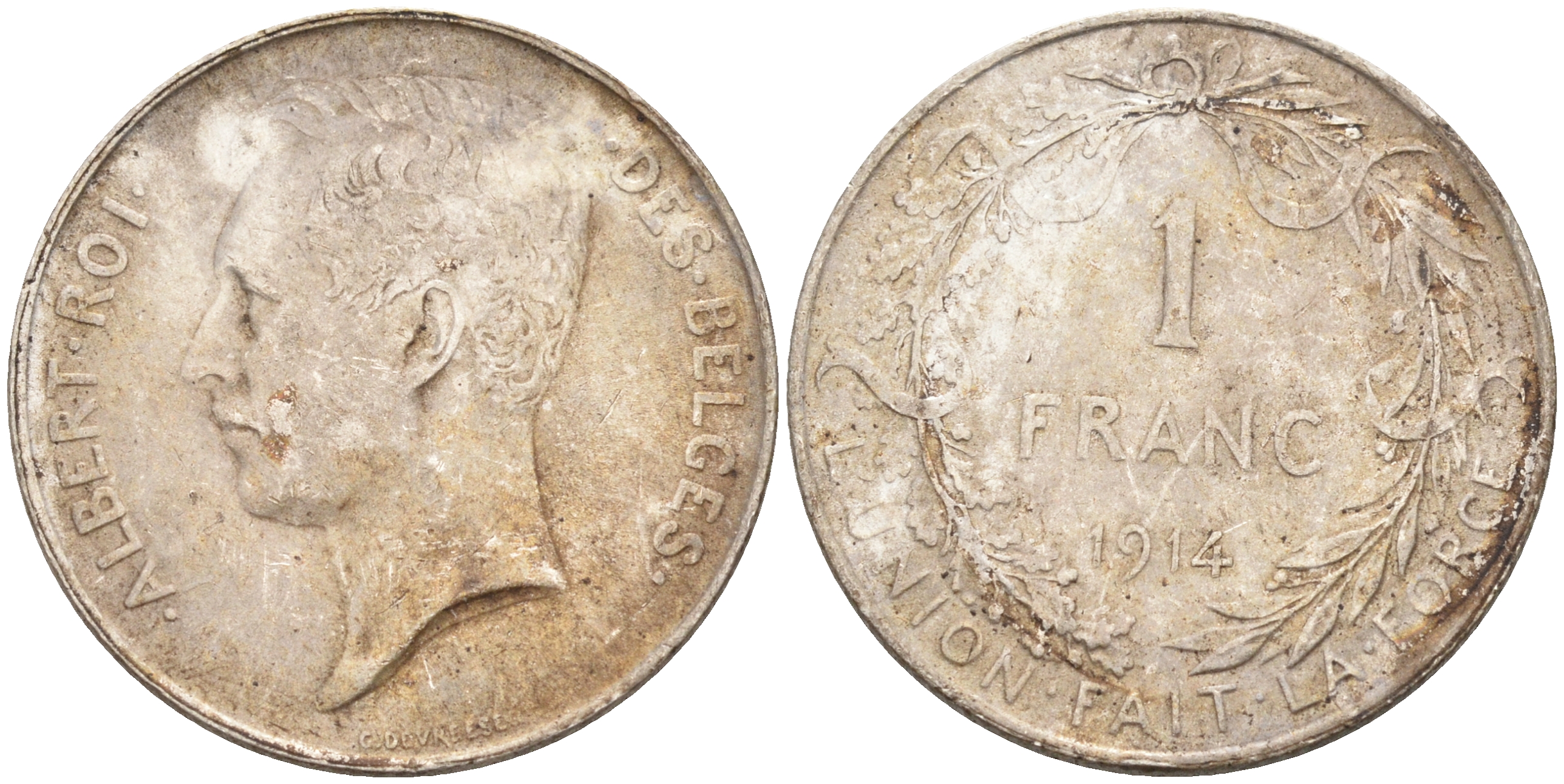 Бельгия 1 франк 1914 Альберт I (1909-1934), Des Belges KM 72 серебро  63-1121