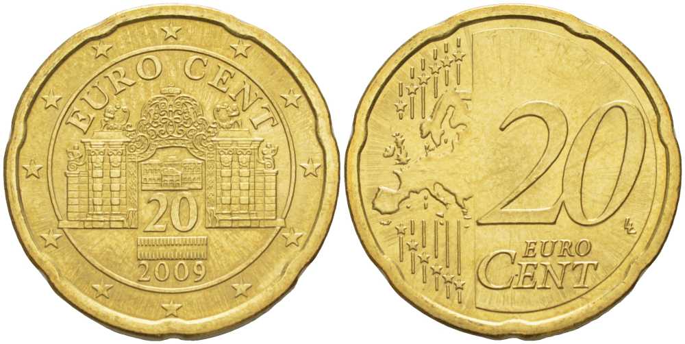 АВСТРИЯ 20 ЕВРОЦЕНТОВ 2009 ДВОРЦОВЫЙ КОМПЛЕКС БЕЛЬВЕДЕР В ВЕНЕ KM 3140 латунь UNC 25-1854