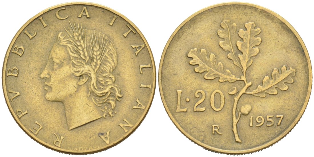 Италия 20 лир 1957 R, дубовая ветвь KM 97 алюминиевая бронза 4567-339