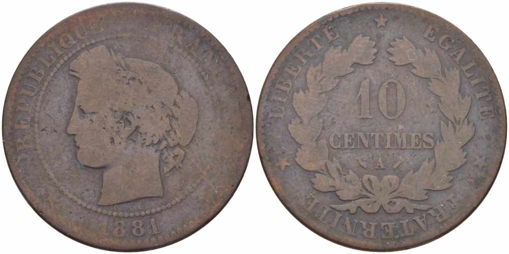 ФРАНЦИЯ 10 САНТИМОВ 1881 A, ТРЕТЬЯ РЕСПУБЛИКА (1871-1940) KM 815.1, LA FRANC 135.25 бронза 97-623