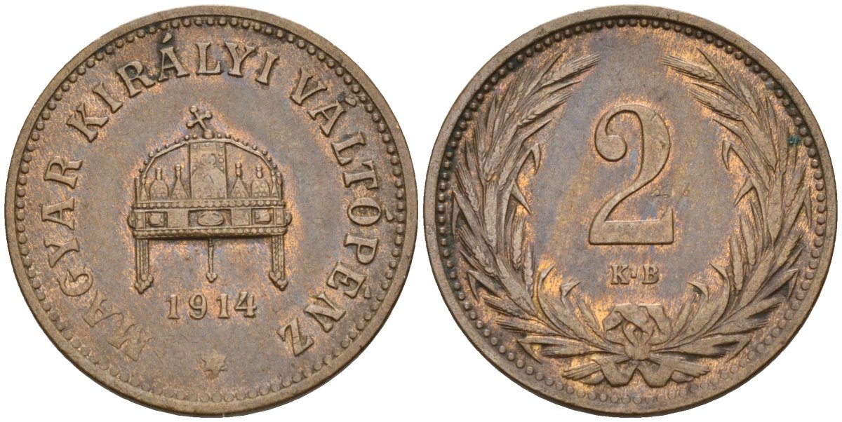Венгрия 2 филлера 1914 KB, Франц Иосиф I (1848-1916) KM 481 бронза 4151-945