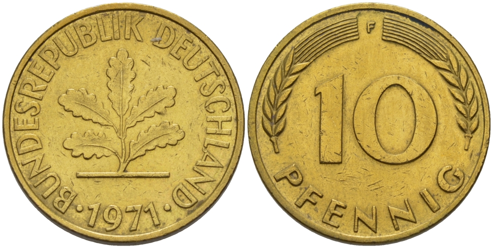 ФРГ 10 ПФЕННИГОВ 1971 F KM 108, J.383 сталь плакированная латунью 67-742