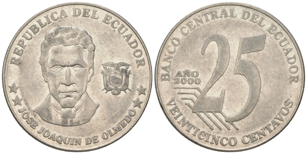 Эквадор 25 сентаво 2000 KM 107 сталь плакированная никелем 4401-1254