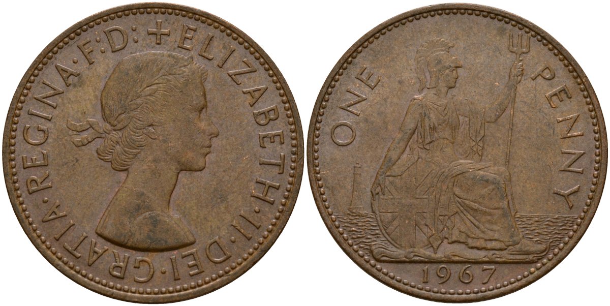 Великобритания 1 пенни 1967 Елизавета II (1952-2022) КМ 897, Spink 4157 бронза 4157-212