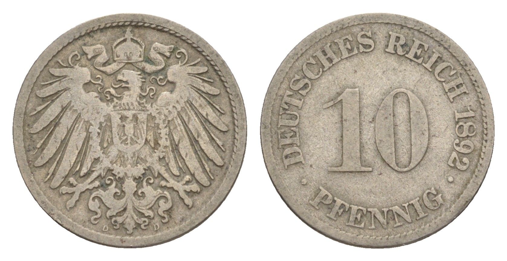 Германия 10 пфеннигов 1892 D, Вильгельм II (1888-1918) KM 12, J. 13 медно-никель 4640-229