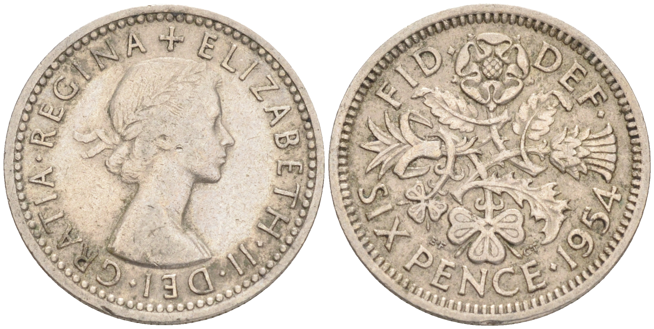 Великобритания 6 пенсов 1954 Елизавета II (1952-2022) KM 903, Spink 4149 медно-никель 192-228