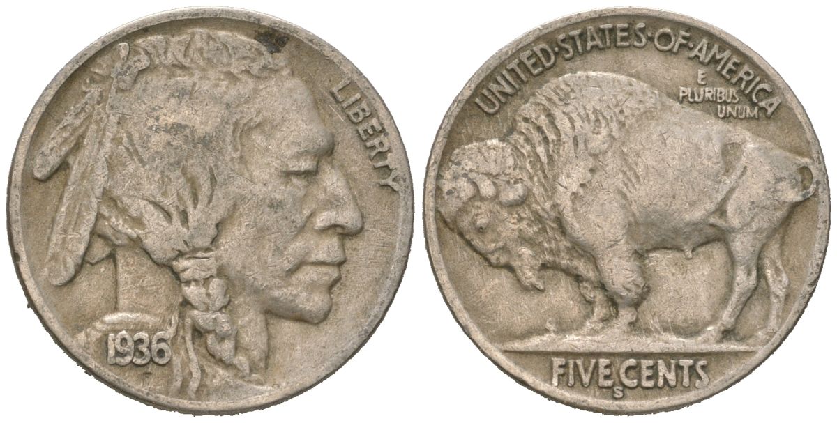 США 5 центов 1936 S, индеец, бизон KM 134 медно-никель 4614-1251