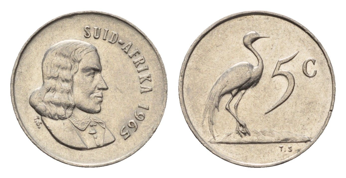 ЮАР 5 центов 1965 Ян ван Рибек (1619-1677), Suid Africa, легенда на африкаанс, райский журавль KM 67.2 медно-никель 4694-418