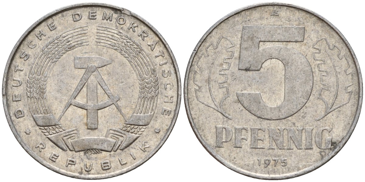 ГДР 5 пфеннигов 1975 A KM 9.1 алюминий 218-761