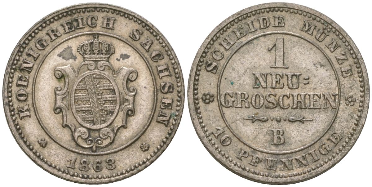 Саксония 1 новый грош - 10 пфеннигов 1863 B, Иоганн I (1854-1873) KM 1219 серебро 4547-252