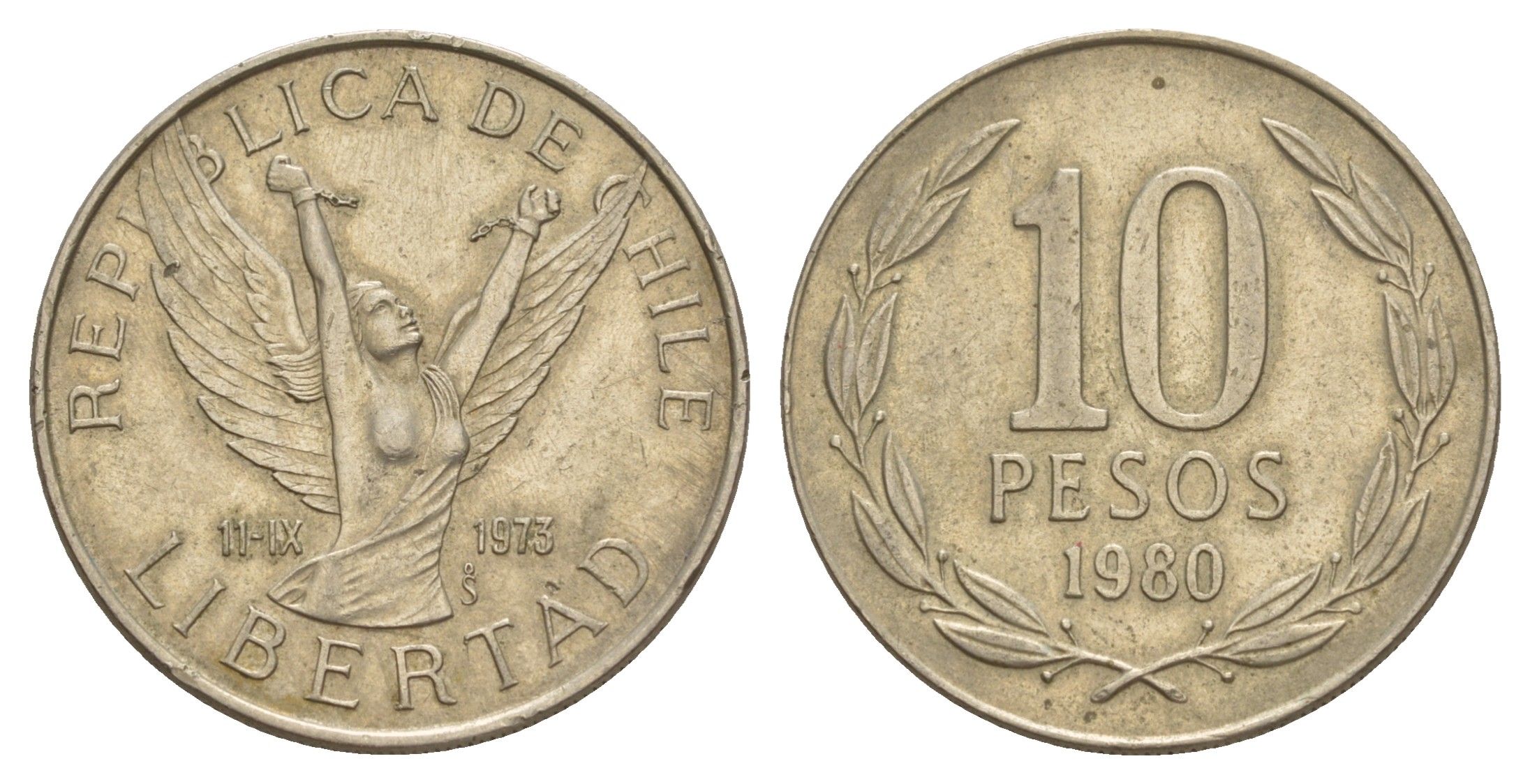 Чили 10 песо 1980 KM 210 медно-никель 4650-731