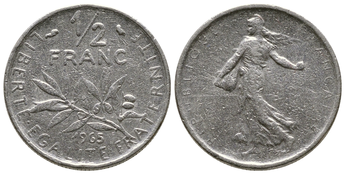 Франция 1/2 франка 1965 сеятель KM 931, Le Franc 198.3 никель 93-1353