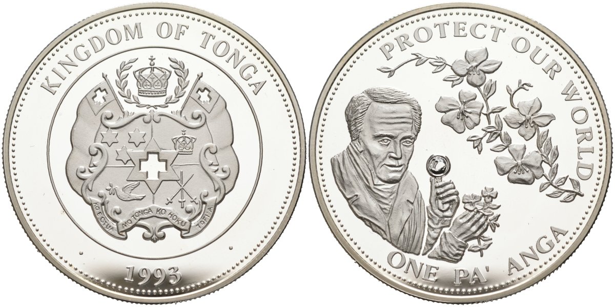 Тонга 1 паанга 1993 зашитим наш мир, Александр фон Гумбольт KM 153 серебро PROOF 00-00