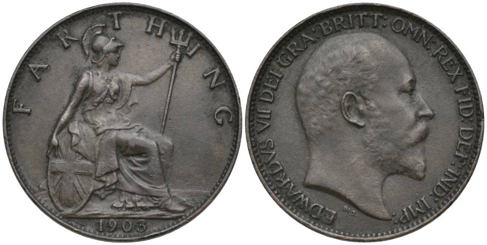 Великобритания 1 фартинг 1903 Эдуард VII (1901-1910), KM 792, Spink 3992 бронза 4548-1127
