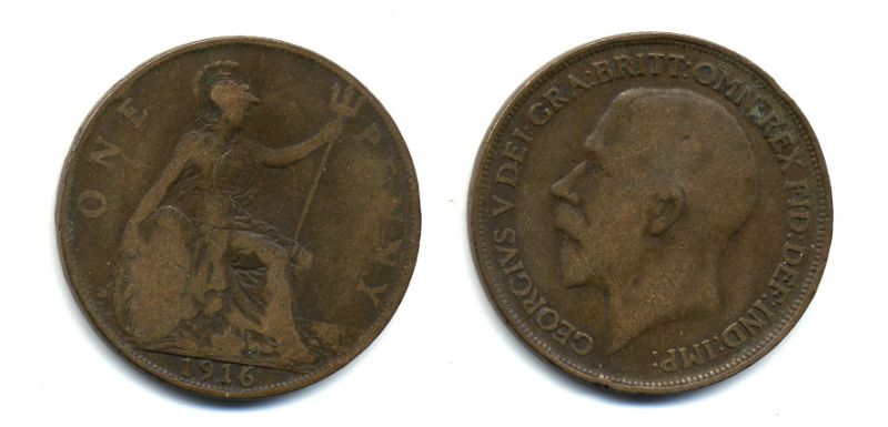 Великобритания 1 пенни 1916 Георг V (1910-1936) КМ 810, Spink 4051 бронза 47-114