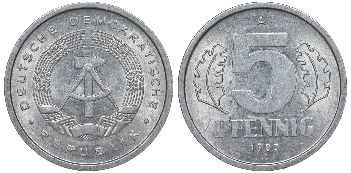 ГДР 5 ПФЕННИГОВ 1983 A КМ 9.2 алюминий 62-515