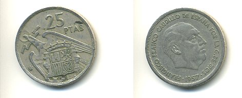 ИСПАНИЯ 25 ПЕСЕТ 1957 (69) ФРАНСИСКО ФРАНКО ДИКТАТОР ИСПАНИИ (1939-1975) KM 787 медно-никель 54-2234