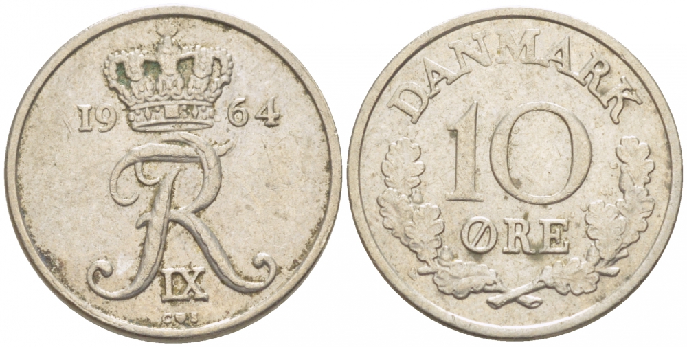 Дания 10 эре 1964 C; S, Фредерик IX (1947-1972) KM 849.1 медно-никель 3309-145