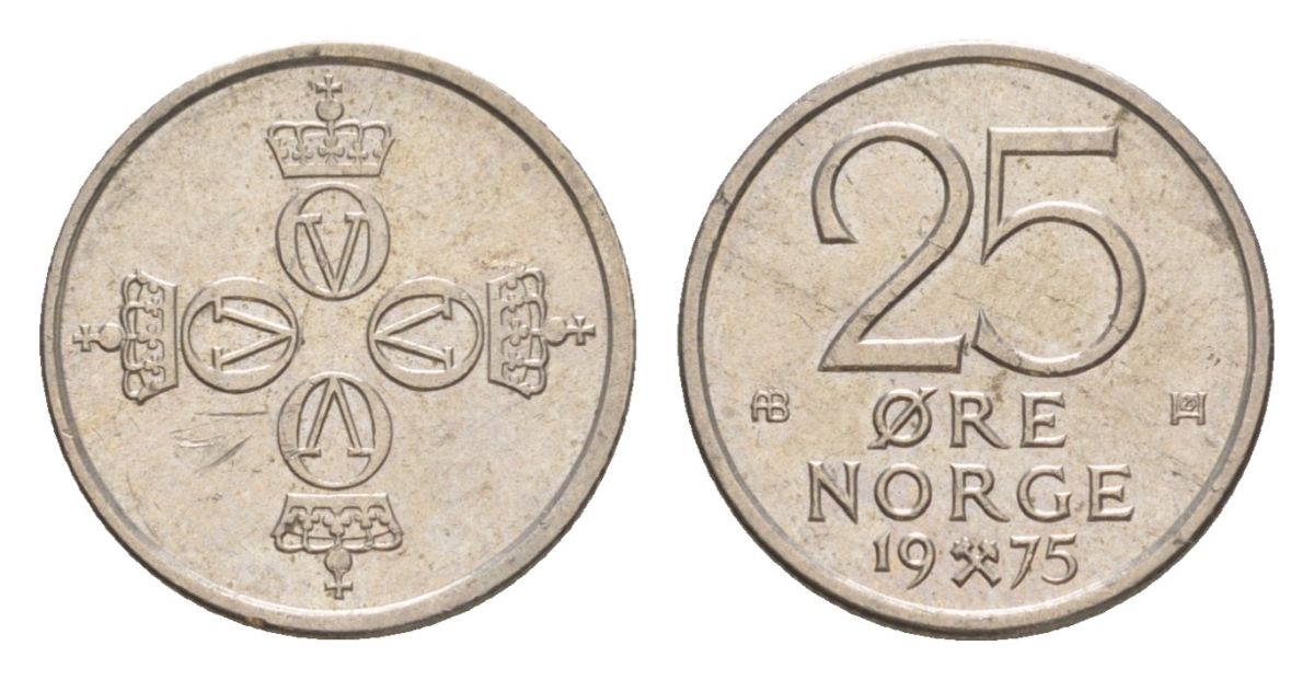 Норвегия 25 эре 1975 Улаф V (1957-1991) KM 417 медно-никель aUNC 4632-1248