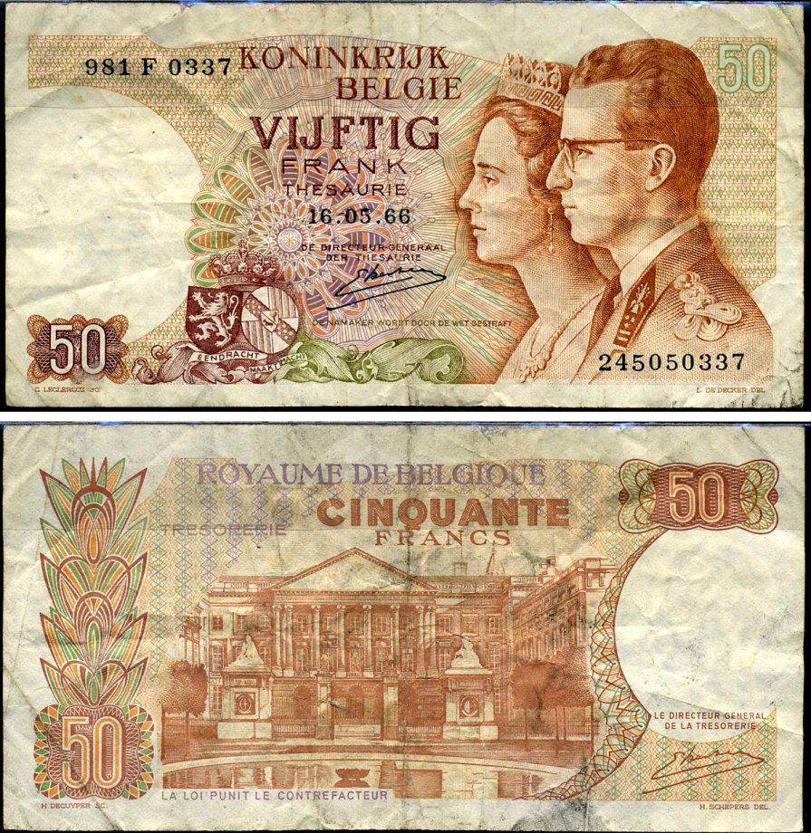Бельгия 50 франков 1966 Король Боуэн и королева Фабиола, Kestens Pick 139 (3) бумага 7221-22-1-2