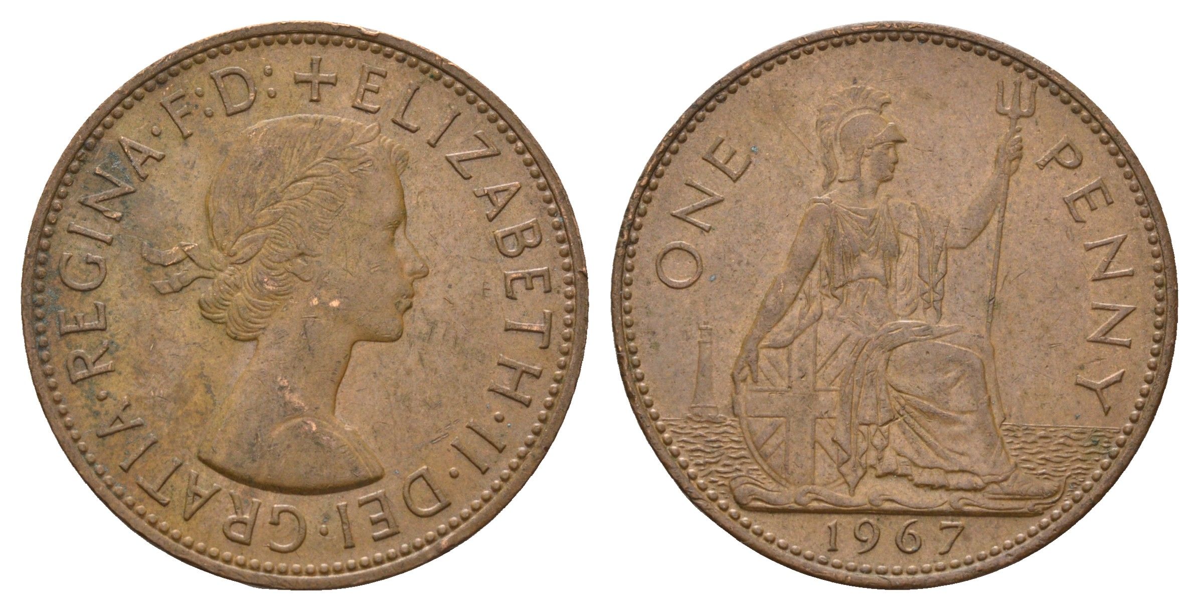 Великобритания 1 пенни 1967 Елизавета II (1952-2022) KM 897, Spink 4157 бронза 221-1041