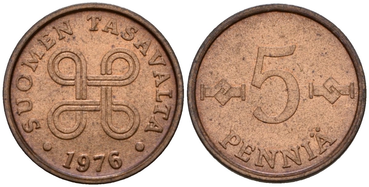 Финляндия 5 пенни 1976 KM 45 медь 4602-263