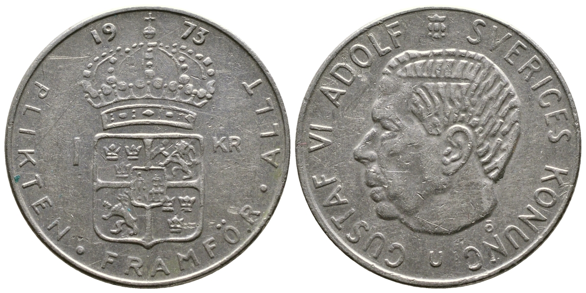 Швеция 1 крона 1973 U, Густав VI Адольф (1950-1973) КМ 826a медь плакированная медно-никелем 176-423