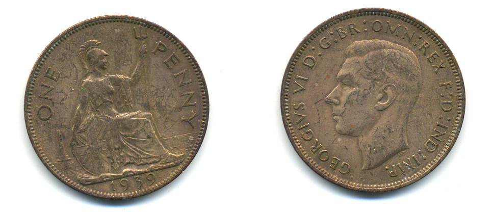 Великобритания 1 пенни 1939 Георг VI (1936-1952) KM 845, Spink 4114 бронза 83-615