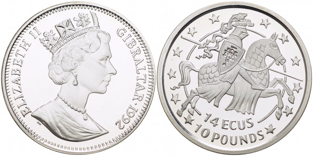 Гибралтар 14 экю - 10 фунтов 1992 рыцарь вправо KM 109 серебро PROOF 1080-9-53