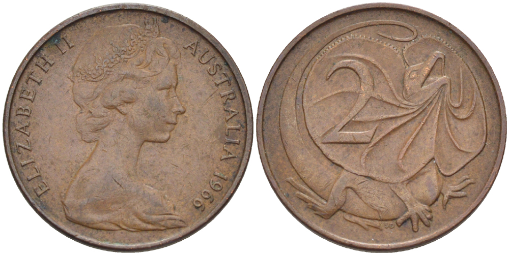 Австралия 2 цента 1966 Елизавета II (1952-), плащеносная ящерица KM 63 бронза 76-831