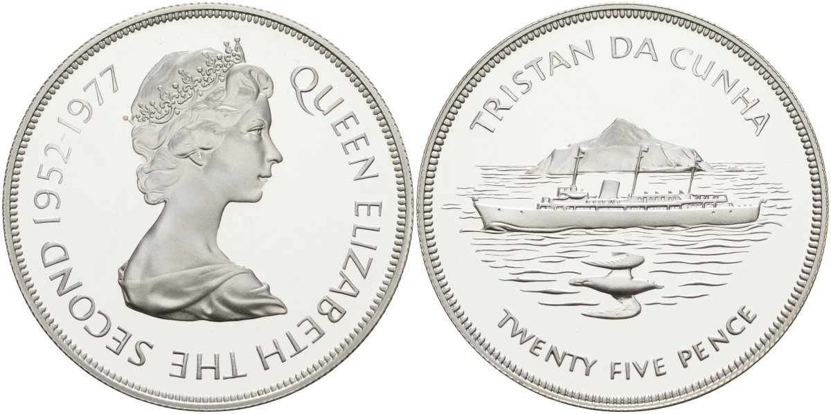 Тристан-да-Кунья 25 пенсов 1977 25 лет правления Елизаветы II (1952-1977), тираж 25000 экз. KM 1a серебро PROOF 1069-3-12