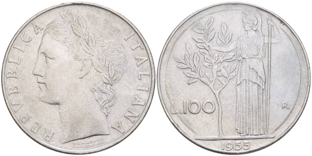 ИТАЛИЯ 100 ЛИР 1955 R, АФИНА У ОЛИВКОВОГО ДЕРЕВА, РЕДКИЙ ГОД KM 96.1 нержавеющая сталь 4545-616