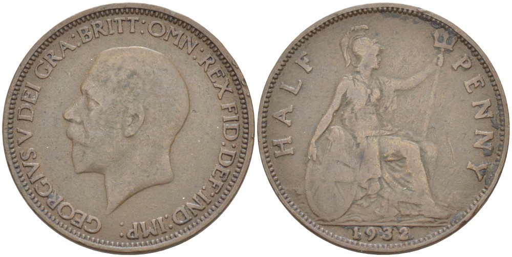 Великобритания 1/2 пенни 1932 Георг V (1910-1936) KM 837, Spink 4058 бронза 4514-1132