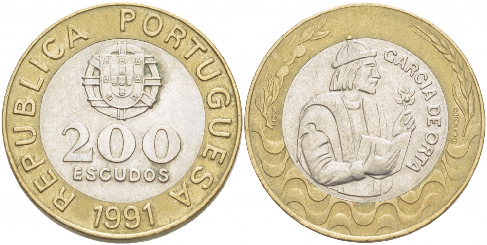 Португалия 200 эскудо 1991 Гарсия Де Орта (1501-1568) KM 655 биметалл 4403-1046